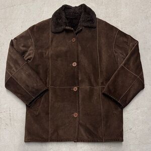 Vintage Brown Suede Leather Jacket with Faux Fur Collar Women’s XS